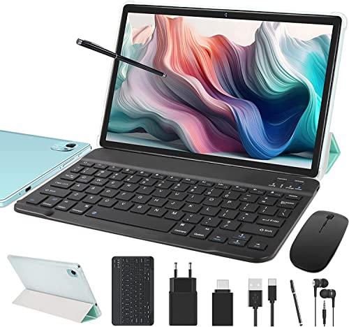 FACETEL Tablet 10 Pulgadas Android Tablet con Octa-Core | 4GB RAM + 64GB ROM (TF 128GB) | Batería 8000mAh | 5MP+8MP | FHD1280x800 | Type-C | Tableta con Teclado y Raton, Lápiz, Funda - Green